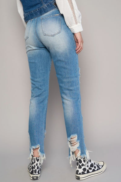 High Waist Destroyed Hem Boyfriend Jeans