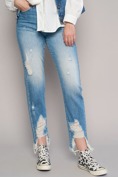 High Waist Destroyed Hem Boyfriend Jeans