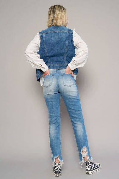 High Waist Destroyed Hem Boyfriend Jeans