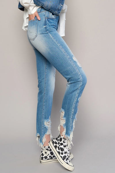 High Waist Destroyed Hem Boyfriend Jeans
