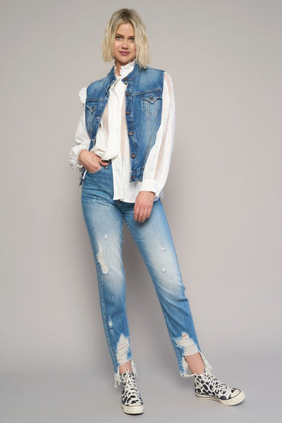 High Waist Destroyed Hem Boyfriend Jeans