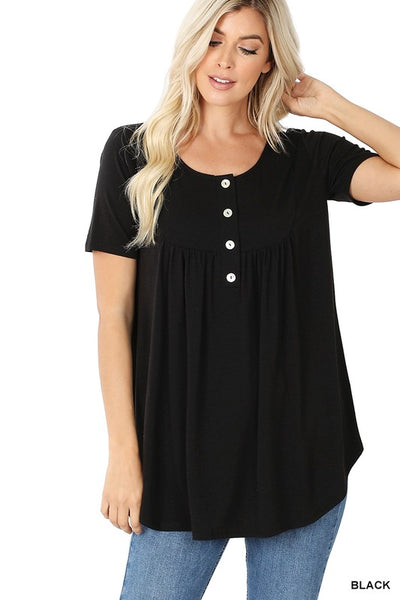 SHORT SLEEVE DOLPHIN HEM SHELL BUTTON TOP