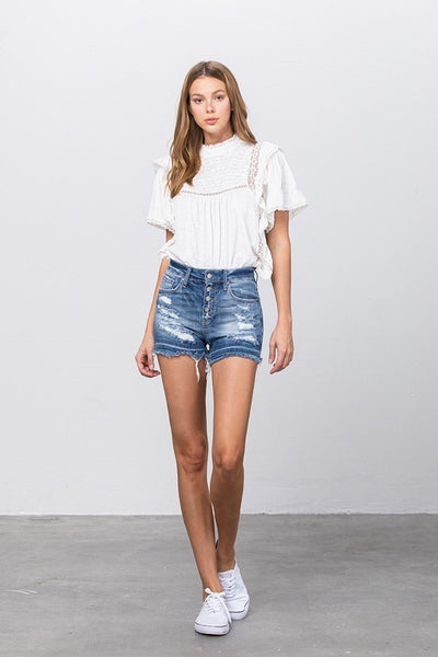 Denim Lab USA Released Frayed Hem Ripped Denim Shorts