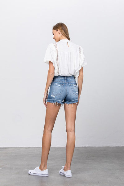 Denim Lab USA Released Frayed Hem Ripped Denim Shorts