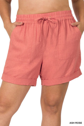 ZENANA Plus Linen Drawstring-Waist Shorts with Pockets