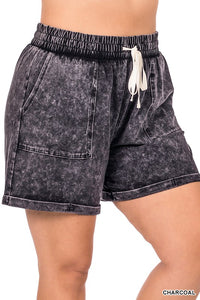 ZENANA Plus Mineral Wash Drawstring Cuffed Shorts