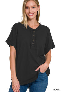 ZENANARaw Edge Detailed Button Closure Short Sleeve Top