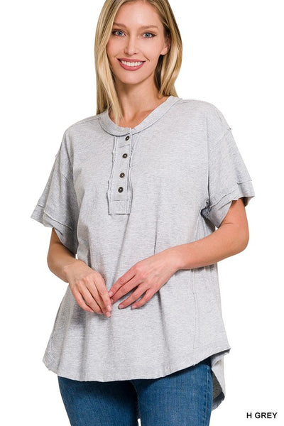 ZENANARaw Edge Detailed Button Closure Short Sleeve Top