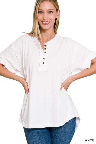 ZENANARaw Edge Detailed Button Closure Short Sleeve Top