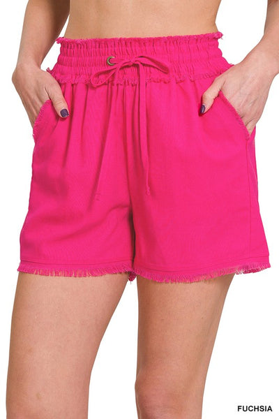 ZENANA Linen Frayed Hem Drawstring Shorts with Pockets