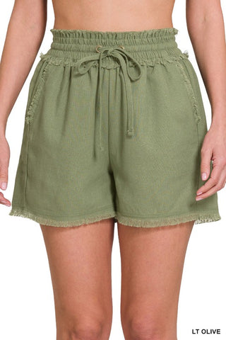 ZENANA Linen Frayed Hem Drawstring Shorts with Pockets