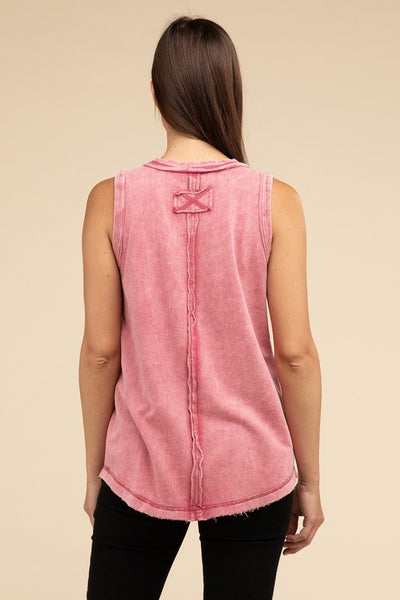 ZENANA Washed Half-Button Raw Edge Sleeveless Henley Top