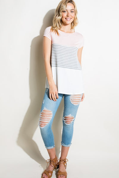 e Luna PLUS STRIPE SOLID COLOR BLOCK TOP