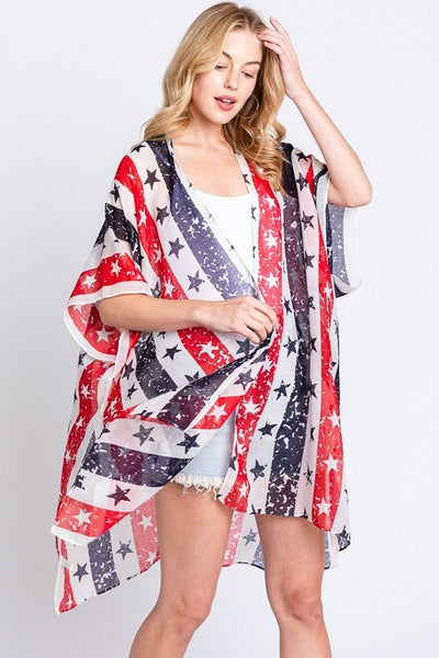 LA Jewelry Plaza Distressed American Flag Mix Printed Light Kimono