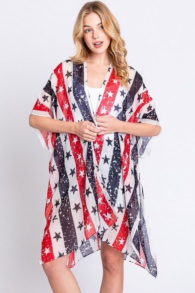 LA Jewelry Plaza Distressed American Flag Mix Printed Light Kimono