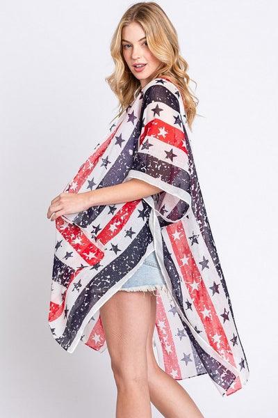 LA Jewelry Plaza Distressed American Flag Mix Printed Light Kimono