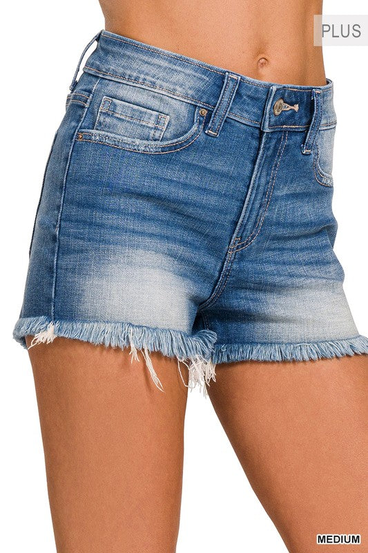 ZENANA Plus Mid Rise Raw Frayed Hem Denim Shorts