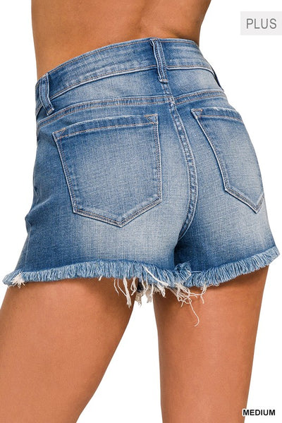 ZENANA Plus Mid Rise Raw Frayed Hem Denim Shorts