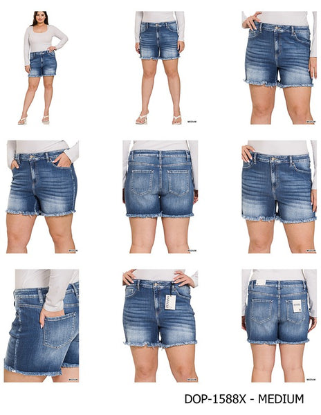 ZENANAPlus Mid Rise Raw Frayed Hem Denim Shorts