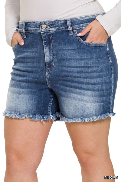 ZENANAPlus Mid Rise Raw Frayed Hem Denim Shorts