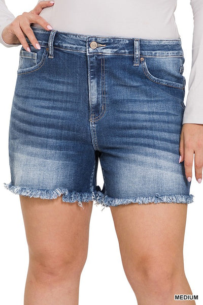 ZENANAPlus Mid Rise Raw Frayed Hem Denim Shorts