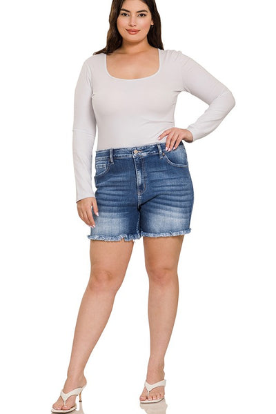 ZENANAPlus Mid Rise Raw Frayed Hem Denim Shorts