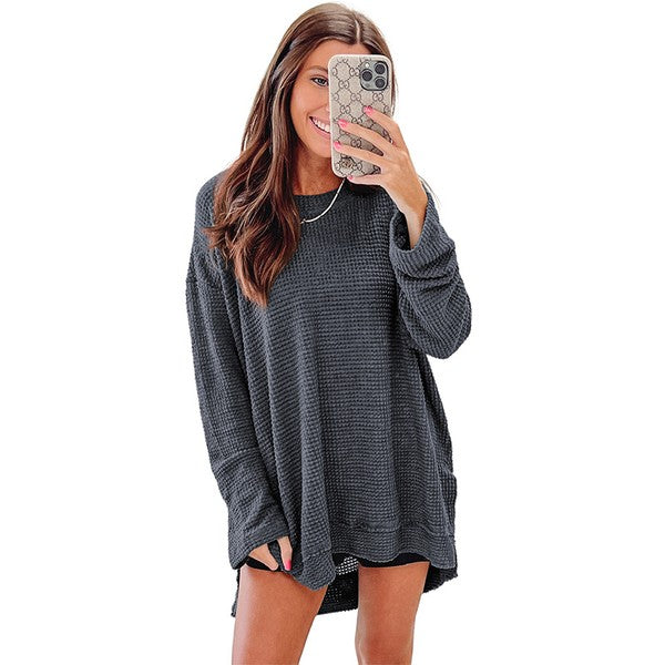 Women Waffle Knit High Slits Oversized Top-