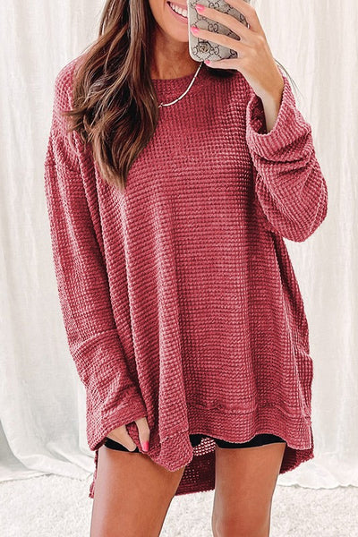 Women Waffle Knit High Slits Oversized Top-