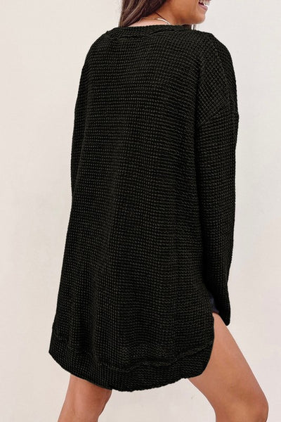 Women Waffle Knit High Slits Oversized Top-