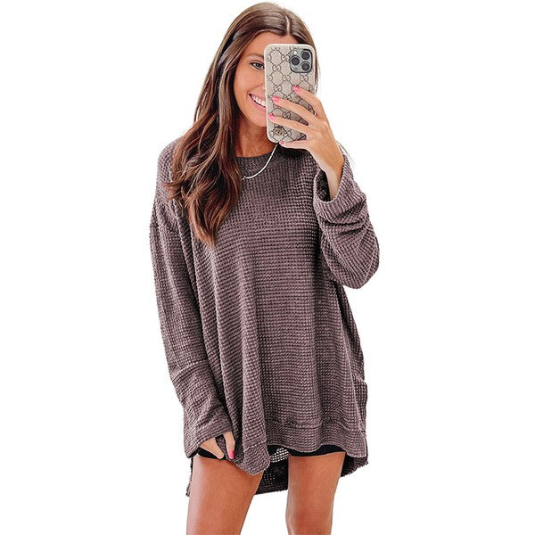 Women Waffle Knit High Slits Oversized Top-