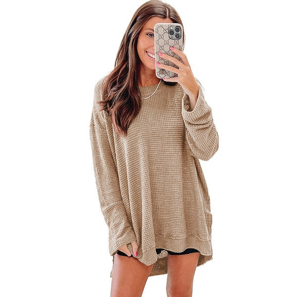 Women Waffle Knit High Slits Oversized Top-