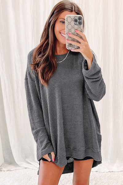 Women Waffle Knit High Slits Oversized Top-