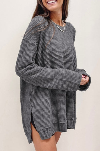 Women Waffle Knit High Slits Oversized Top-