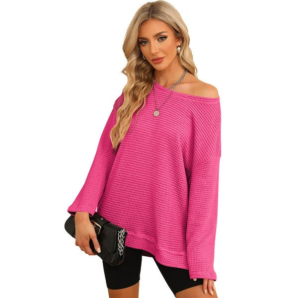 Women Waffle Knit High Slits Oversized Top-