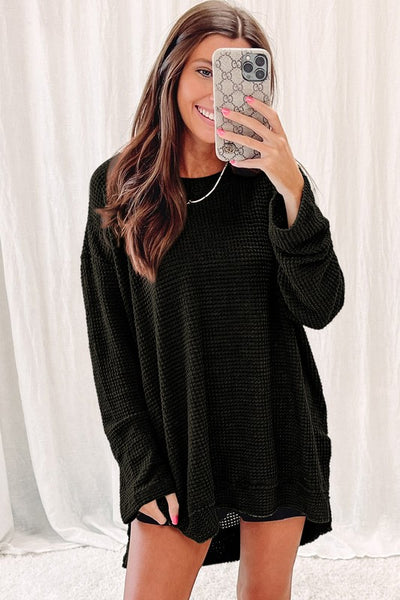 Women Waffle Knit High Slits Oversized Top-