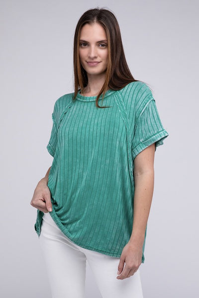 ZENANA Ribbed Raglan Dolman Sleeve Boat-Neck Top