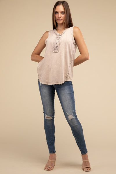 ZENANA Washed Half-Button Raw Edge Sleeveless Henley Top