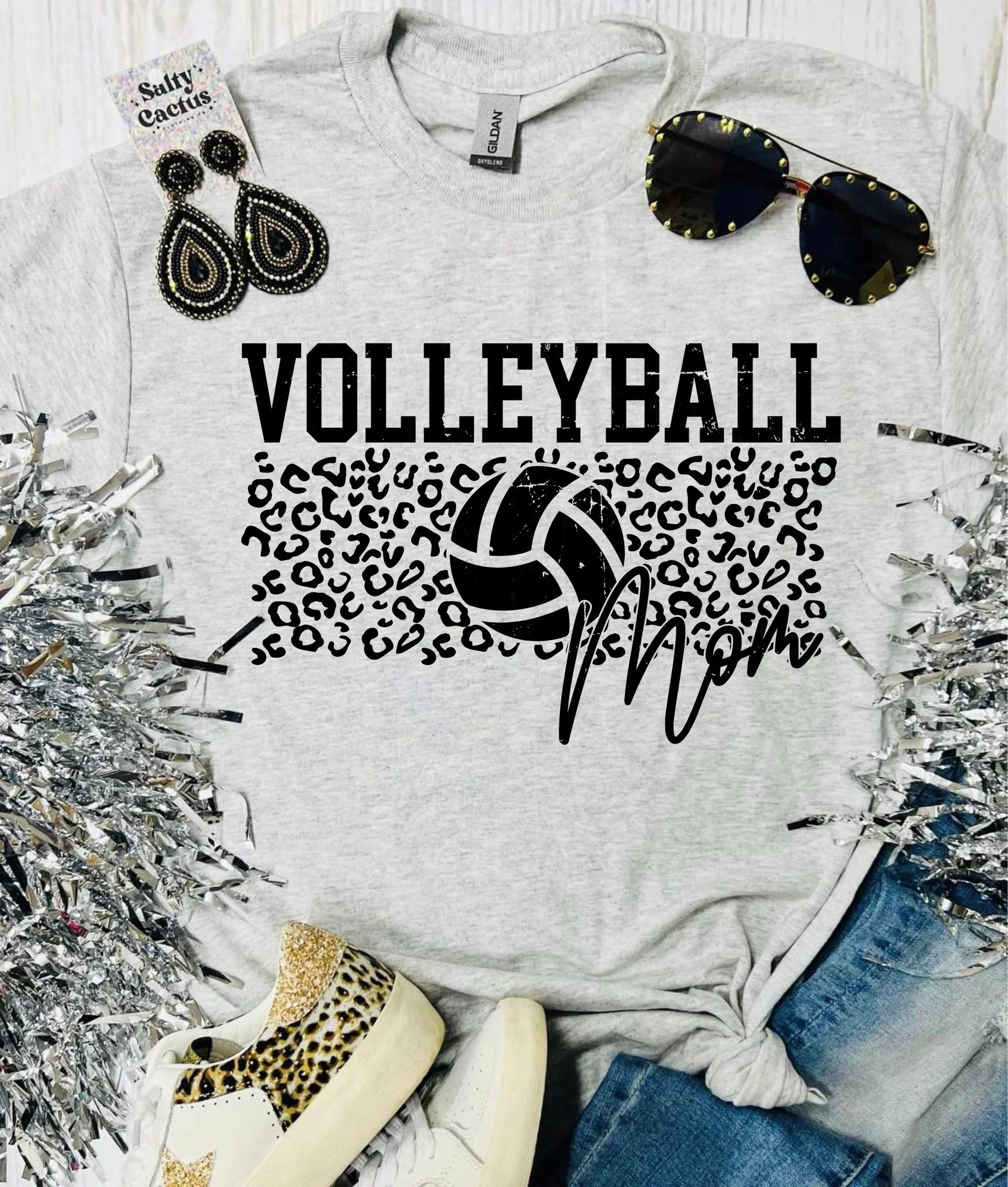 Volleyball Mom Leopard Print Ash Grey Tee