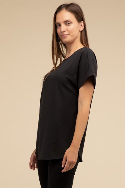 ZENANA Woven Heavy Dobby Rolled Sleeve Boat Neck Top