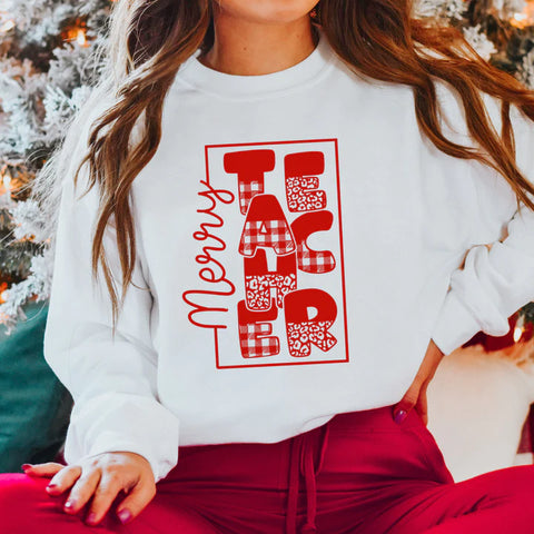 Merry Teacher RED INK - Screen Print TransferSKU1020W -TEE PARTY