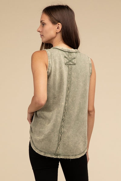 ZENANA Washed Half-Button Raw Edge Sleeveless Henley Top