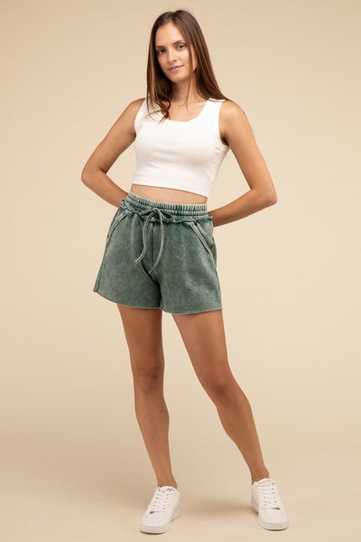 ZENANA Acid Wash Fleece Drawstring Shorts with Pockets