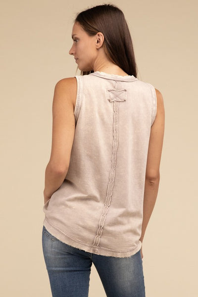 ZENANA Washed Half-Button Raw Edge Sleeveless Henley Top