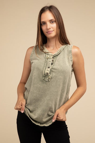 ZENANA Washed Half-Button Raw Edge Sleeveless Henley Top