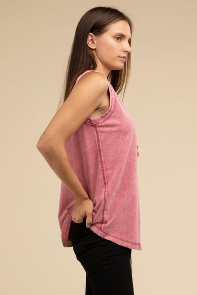 ZENANA Washed Half-Button Raw Edge Sleeveless Henley Top