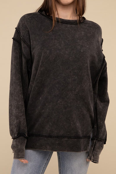 ZENANA Acid Wash French Terry Exposed-Seam Sweatshirt