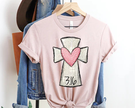 Cross with heart in middle 316 (grays, s ft pink polka dot heart, light gray pattern fills heart) DTF